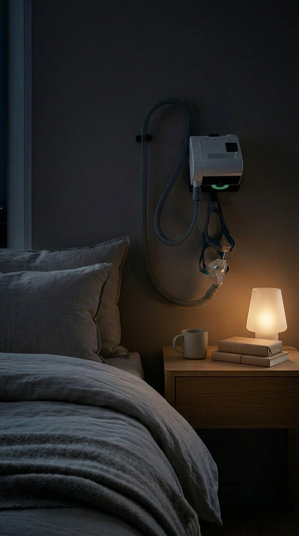 Perch CPAP-Wandhalterung bei Nacht mit L&ouml;wenstein prisma - Schlafzimmer-Nahaufnahme mit Maske und Schlauch